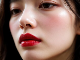 Naklejka premium Close up shot of young female face with bright red lipstick. Girl with smooth healthy skin, small beauty mark on cheek. Asian model wears makeup looking at camera. Macro view of lips, natural