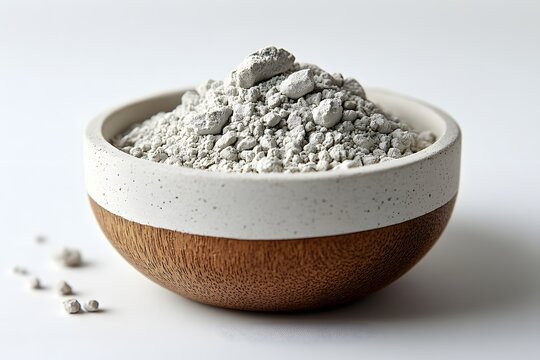 Rustic wooden bowl filled with fine white clay powder for natural skincare and spa treatment.