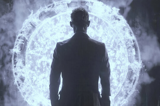 Back view of a stylish businessman standing in front of an opened shiny glowing electric strikes energy core portal to another universe, gate to parallel world concept