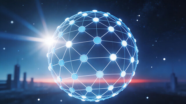 Futuristic network sphere in cityscape