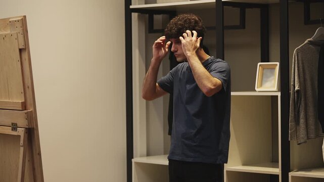 Young curly-haired man looking in the mirror, displeased with his hair condition