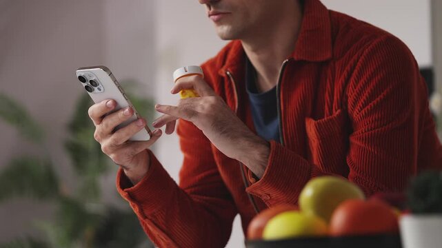 Young man reading medication side effects on cellphone, using therapy mobile app
