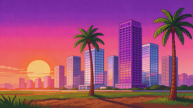 Pixel art cityscape with palm trees