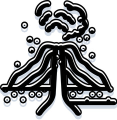 Fototapeta premium Volcano icon erupting with thick smoke clouds and hot lava flowing down its slopes, representing geological activity, natural disasters, risk, and dangerous power