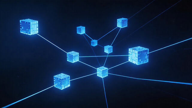 Blue cubes connected by lines in dark space