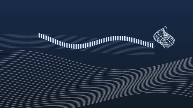 Abstract digital wave data stream flowing into complex swirling geometric shape.
