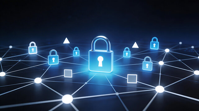 Digital network with glowing padlocks