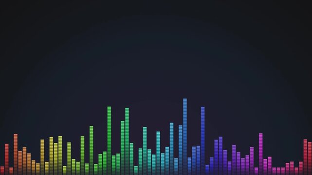 Abstract rainbow spectrum equalizer visualizer moving rhythmically on dark background.