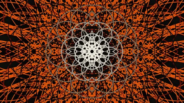 Intricate geometric mandala pattern with orange and black symmetry
