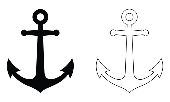 Anchor Symbol. A simple and classic anchor symbol, one filled with solid black and the other outlined, represents stability and nautical themes.