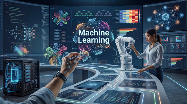 Team of engineers working with a robotic arm and interactive touchscreen tables in a machine learning laboratory filled with data visualizations, neural networks, and analytics dashboards
