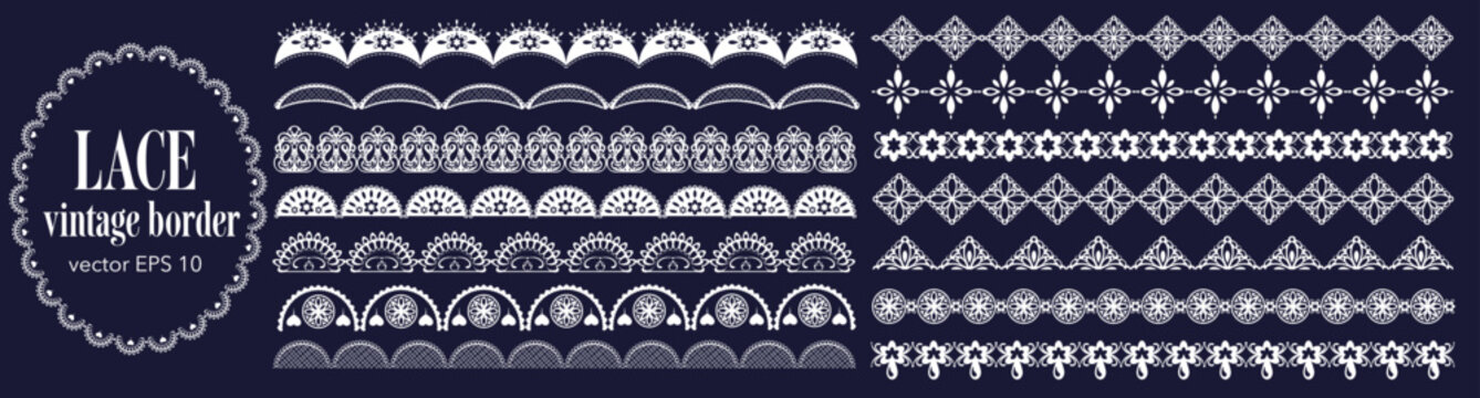 Lace border with vintage scallop trim line pattern and vector brush frame. Decorative edge featuring floral ribbon crochet fabric frill heart cute seamless paper ornament with elegant design.