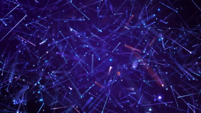 SEAMLESS LOOP, Abstract digital network background with chaotic glowing blue light trails and particle sparks.