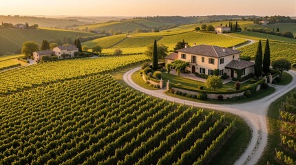 Obraz premium Aerial view of green vineyard rows at sunset with stone villa house in countryside. Rural farmland landscape features rolling hills, trees during warm golden hour light. Travel destination for wine