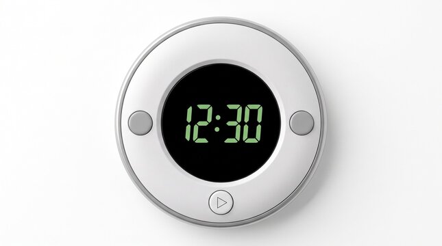 Minimalist digital clock with green LED display showing 12:30, modern white circular electronic timer, sleek smart home device interface on white background