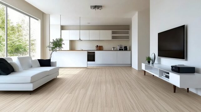 Modern living room and kitchen with white sofa and TV