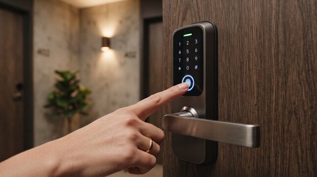 Close-up of a hand using a biometric fingerprint scanner on an electronic smart door lock