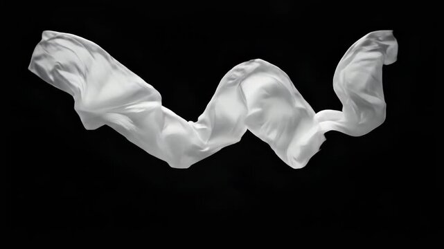 White Silk Fabric Floating on Black Background