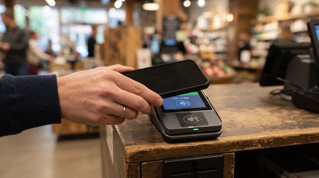 Person paying with a smartphone using contactless NFC technology at a POS payment terminal in a store, illustrating digital wallet, mobile transactions, and modern retail finance.