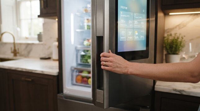 Hand opening the door of a modern smart refrigerator with an integrated touchscreen panel, showcasing smart home appliances, kitchen technology, and modern interior design.