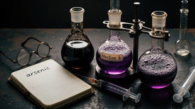 Antique chemistry set with bubbling violet liquid in glass flasks on metal stand. Poison arsenic note lies near old spectacles, medical syringe on dark table. Vintage laboratory equipment used for