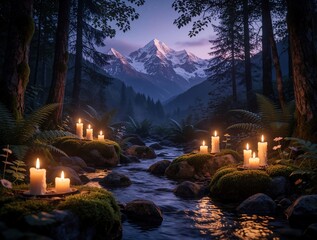 Fototapeta premium Burning candles glow on mossy rocks near cold mountain stream in forest at dusk. Warm flame light illuminates dark trees, river water during twilight. Snowy mountain peak rises in distance. Magical