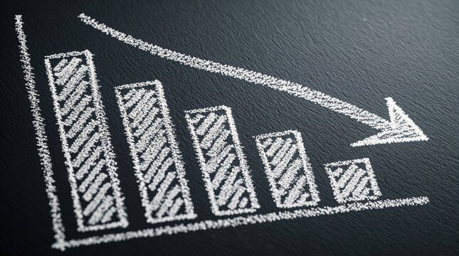 White chalk drawing of downward bar graph showing business decline. Economic chart with arrow indicates financial loss recession risk on black board surface. Market analysis negative profit trend,