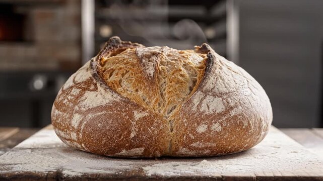 A fresh loaf of rustic sourdough bread sits on a board