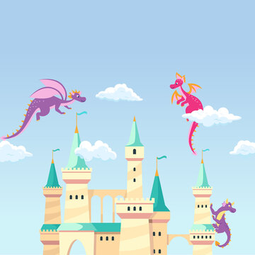 Fantasy Castle Illustration with Flying Dragons and Magical Sky Background