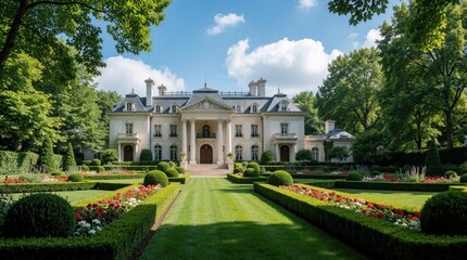 Obraz premium Grand european style mansion with formal gardens, green trees under blue sky. Large white estate features manicured lawns, sculpted bushes, flower beds. Beautiful luxury home exterior with