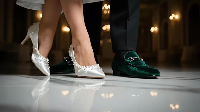 Close Up of Couple's Formal Shoes on Reflective Floor