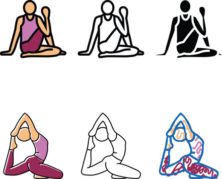 half lord of the fishes pose ardha matsyendrasana color icon variations vector. half lord of the fishes pose ardha matsyendrasana sign. isolated symbol