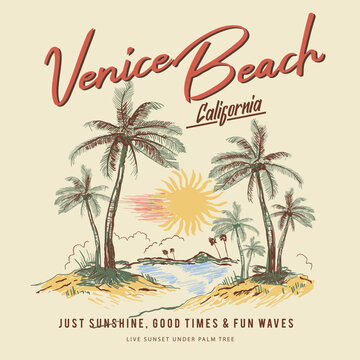 Venice Beach Typography in California Slogan With Hand drawing palm tree Beach Illustration. Summer Vector Graphics. Tropical Print Design. Men's women's with kid's fashion Design. 
