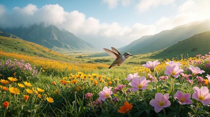 Fototapeta premium Small hummingbird hovers over vibrant field of colorful spring flowers. Green valley stretches towards distant misty mountains under sunny blue sky with fluffy white clouds. Tiny bird flies above