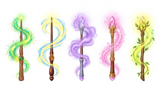 Five vibrant magical wands featuring glowing energy sparks and crystalline gems isolated on white background