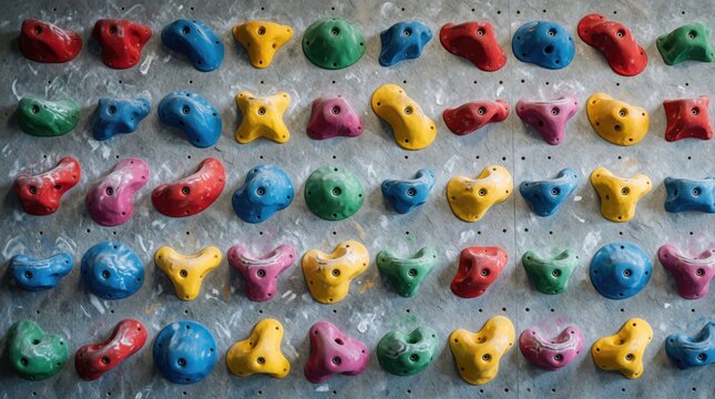 Multi colored plastic climbing holds arranged on grey textured wall. Indoor bouldering gear covers surface with chalk dust traces. Bright grips provide intense exercise challenge for sports fans.