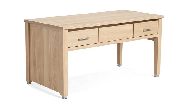 Light wood desk with two drawers and metal handles, simple design, isolated on white background