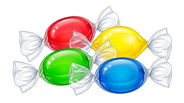 Colorful hard candies wrapped in transparent plastic twist foils presented in a collection on white background