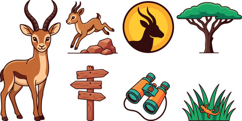 African safari vector set with cartoon gazelle antelope characters savanna tree binoculars and wild nature design elements © Lunavera art