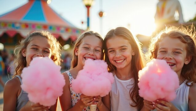 Happy children eating colorful cotton candy at summer carnival, smiling friends outdoors, fun fair lifestyle, sunny vacation mood	