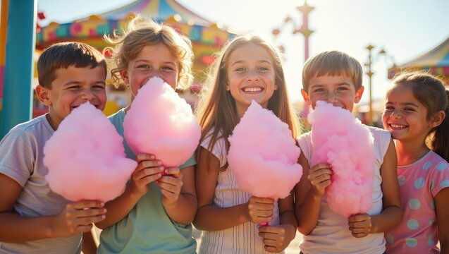 Happy children eating colorful cotton candy at summer carnival, smiling friends outdoors, fun fair lifestyle, sunny vacation mood	