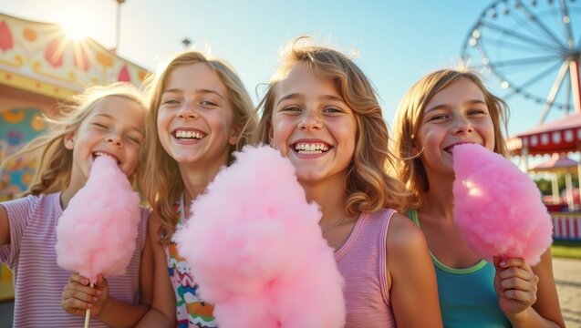 Happy children eating colorful cotton candy at summer carnival, smiling friends outdoors, fun fair lifestyle, sunny vacation mood	