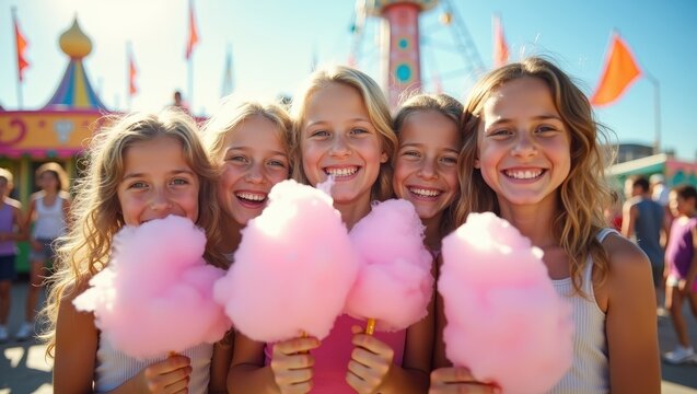 Happy children eating colorful cotton candy at summer carnival, smiling friends outdoors, fun fair lifestyle, sunny vacation mood	