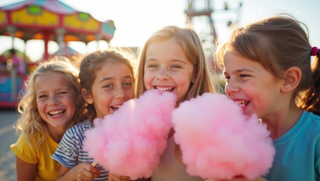Happy children eating colorful cotton candy at summer carnival, smiling friends outdoors, fun fair lifestyle, sunny vacation mood	