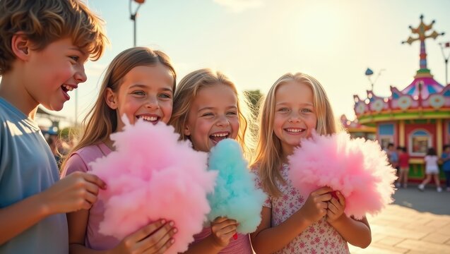 Happy children eating colorful cotton candy at summer carnival, smiling friends outdoors, fun fair lifestyle, sunny vacation mood	