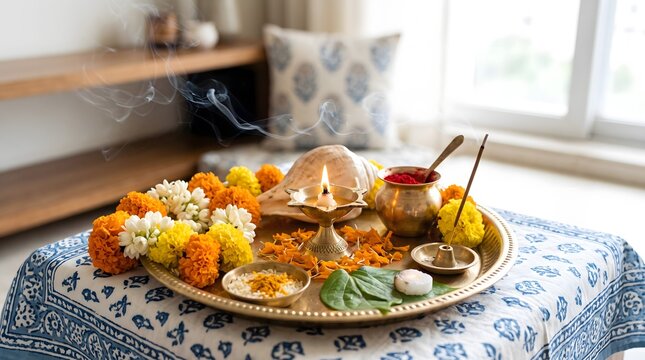 A traditional brass puja thali arranged with marigold garlands, a burning diya lamp, incense smoke, and ritual offerings.