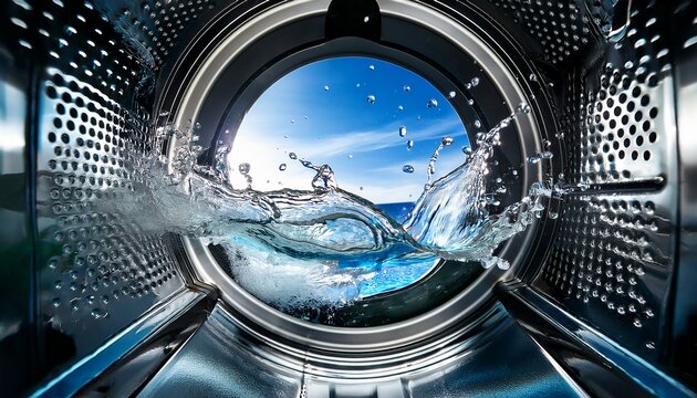 dynamic water splash inside a modern washing machine drum showcasing cleaning power and efficiency