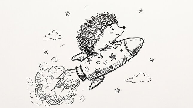 Cute hedgehog flying on a rocket ship hand drawn sketch illustration for startup launch and children education
