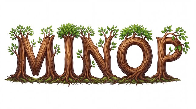 Majestic wooden alphabet letters shaped like tree trunks with green leaves isolated on white background