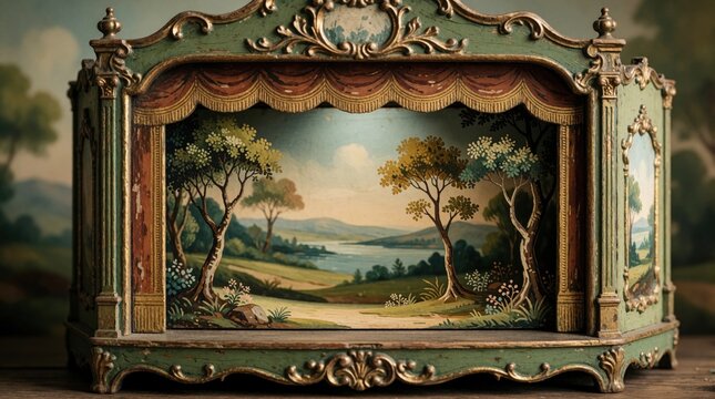Antique wooden toy theater displays miniature painted landscape scene. Ornate green gold frame surrounds stage with rustic river forest background. Old fashioned diorama box model features delicate